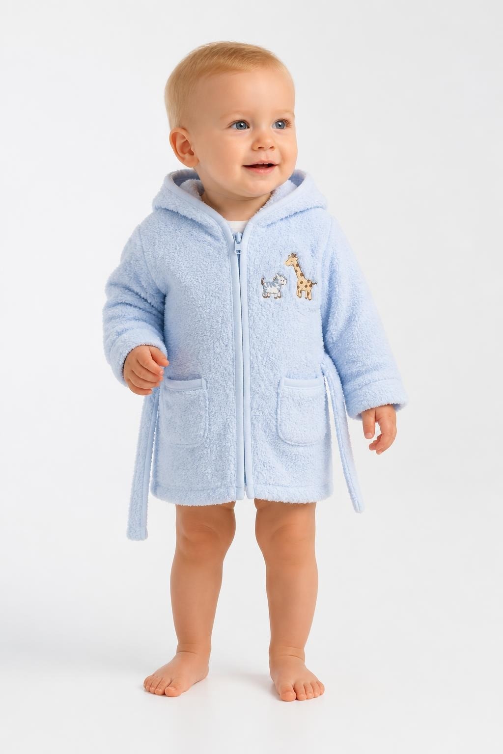Baby Blue Fluffy Hooded Zip Robe Giraffe Embroidery - pre-loved at Why Go Less, Lebanon