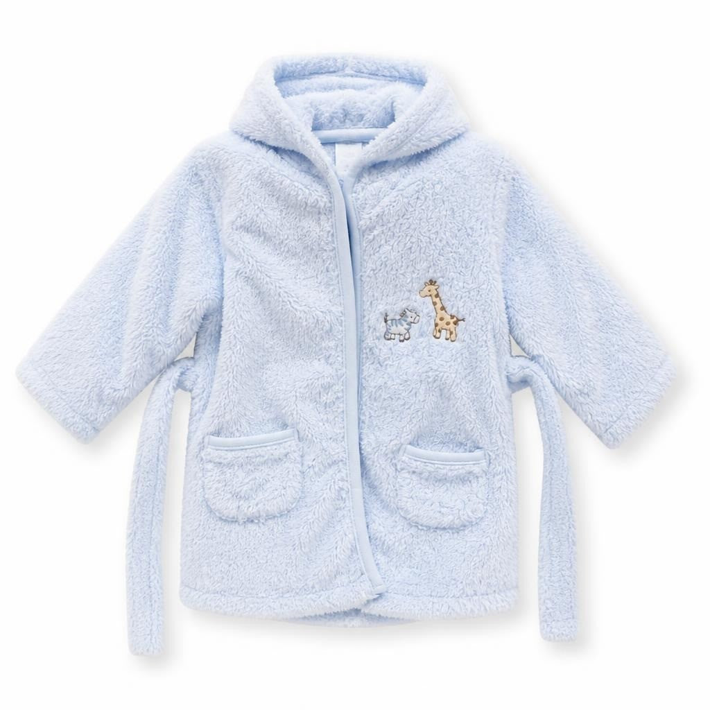 Baby Blue Fluffy Hooded Zip Robe Giraffe Embroidery - pre-loved at Why Go Less, Lebanon