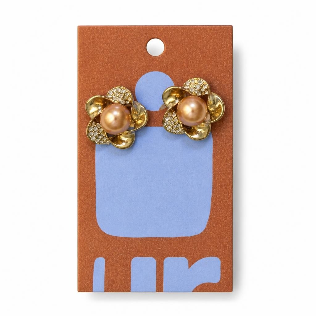 Gold Flower Pearl Crystal Stud Earrings - pre-loved at Why Go Less, Lebanon