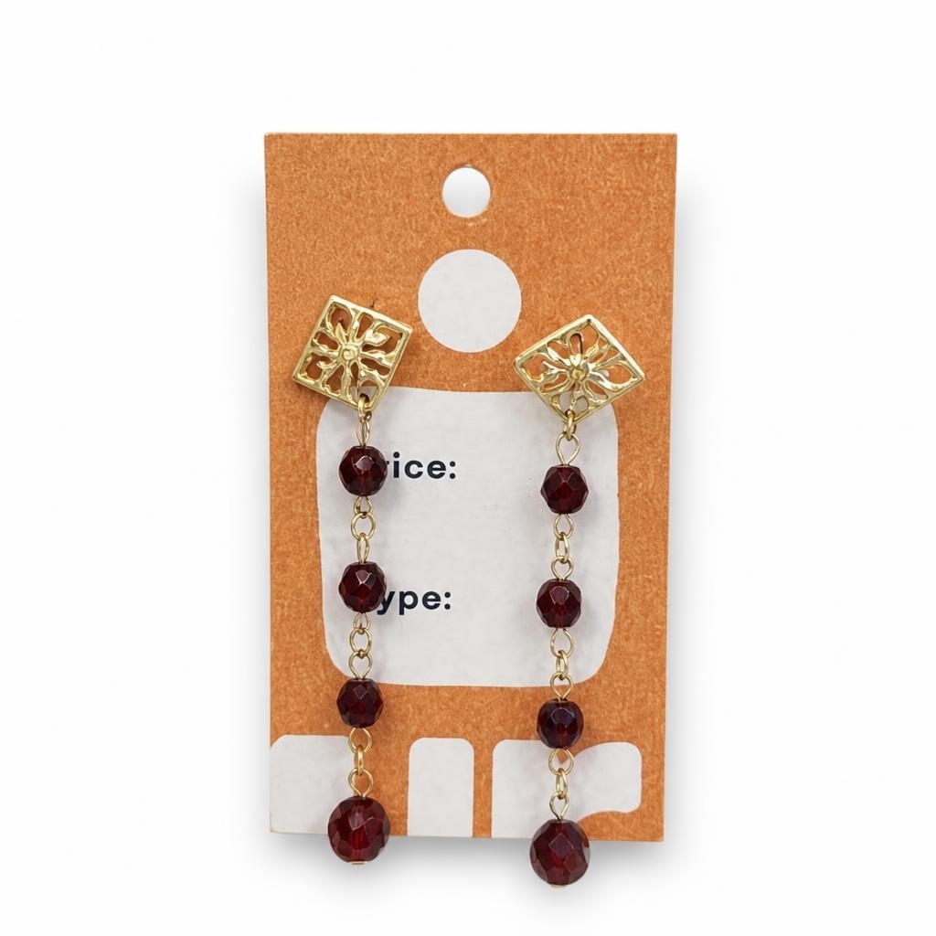 Gold & Garnet Bead Dangle Drop Earrings - pre-loved at Why Go Less, Lebanon