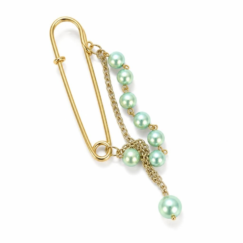 Gold Safety Pin Mint Pearl Chain Brooch - pre-loved at Why Go Less, Lebanon