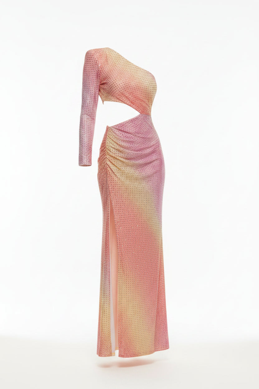 Rainbow Ombre Rhinestone One-Shoulder Maxi Dress | Pre-Loved | Why Go Less
