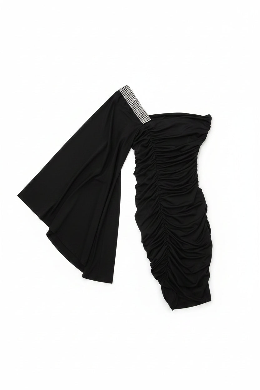 Black One-Shoulder Ruched Dress with Rhinestone Strap | Pre-Loved | Why Go Less