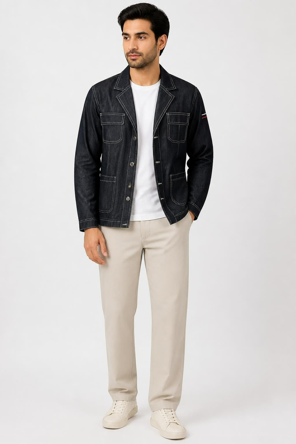 Dark Navy Denim Blazer Jacket with White Stitching - at Why Go Less, Lebanon