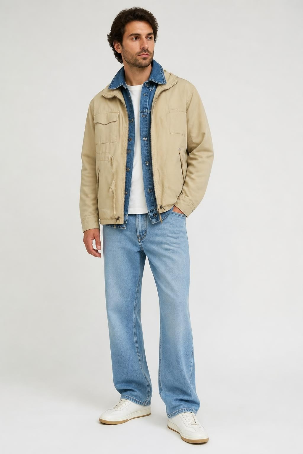Beige Cargo Jacket Over Denim Shirt, Unbranded - at Why Go Less, Lebanon