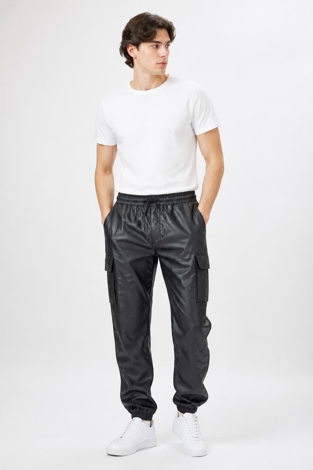 Black Faux Leather Cargo Pants - at Why Go Less, Lebanon