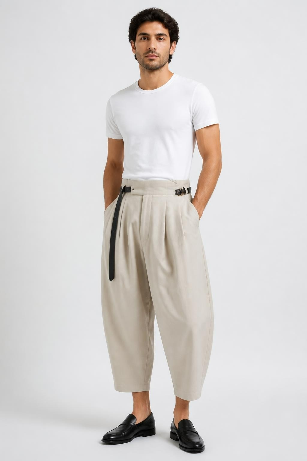 Cream Wide-leg Trousers with Gold Belt Buckle - at Why Go Less, Lebanon