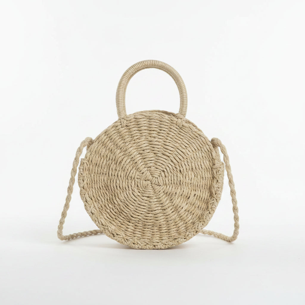 Natural Beige Round Woven Straw Crossbody Bag | Pre-Loved | Why Go Less
