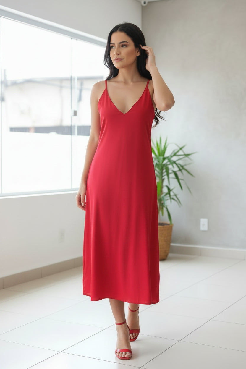Red V-Neck Spaghetti Strap Slip Midi Dress | Pre-Loved | Why Go Less