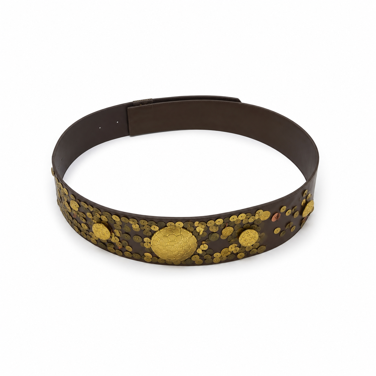 Brown Leather Belt With Gold Coin Embellishments | Pre-Loved | Why Go Less-1