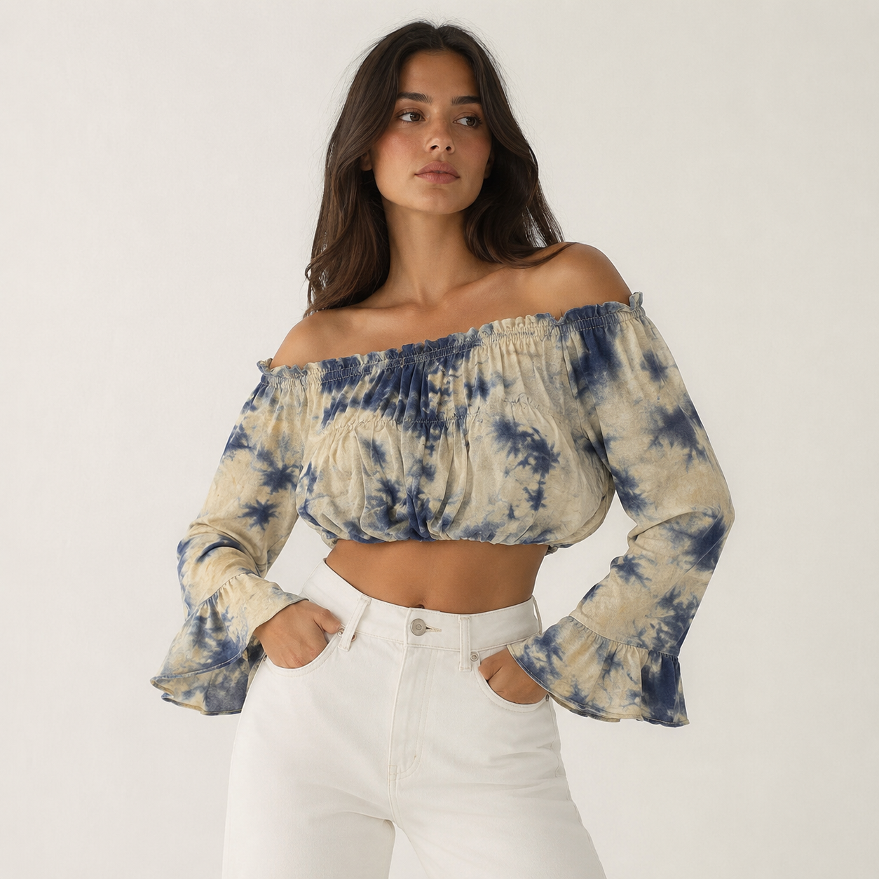 Blue and Yellow Tie-Dye Off-Shoulder Crop Top | Pre-Loved | Why Go Less-2