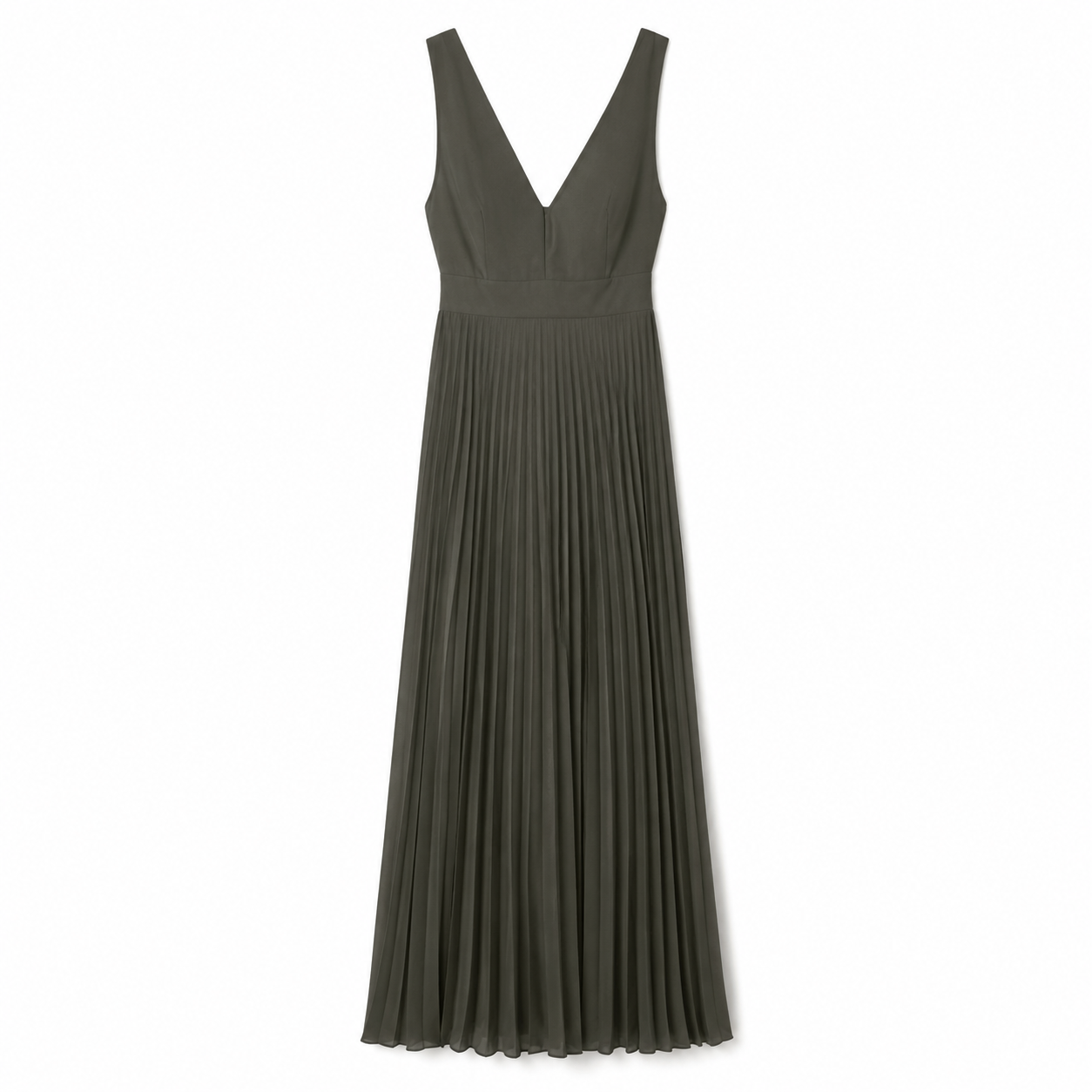 Olive green pleated maxi evening dress - second-hand at Why Go Less, Dekwaneh, Lebanon