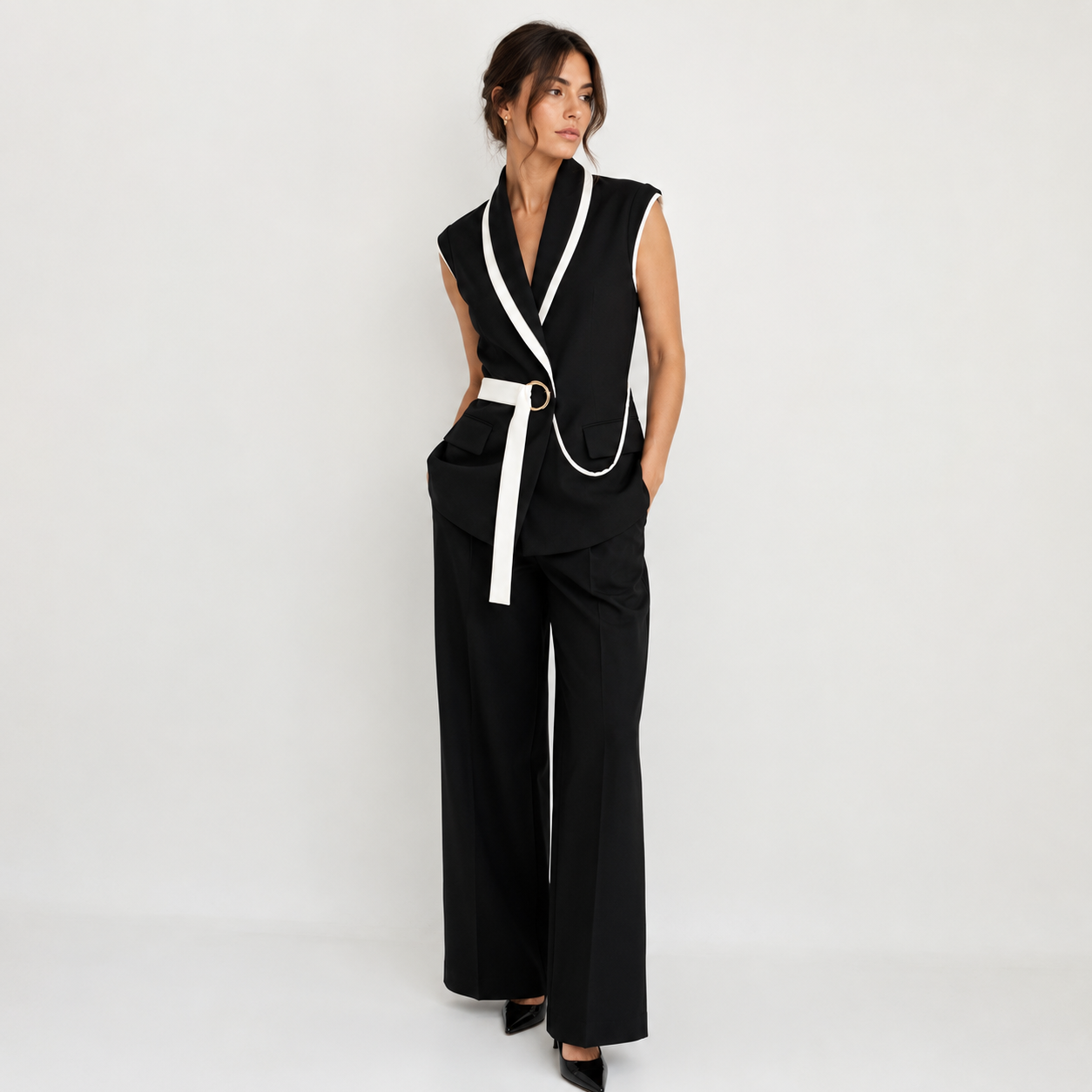 Black and White Belted Blazer and Pants Set | Pre-Loved | Why Go Less-2