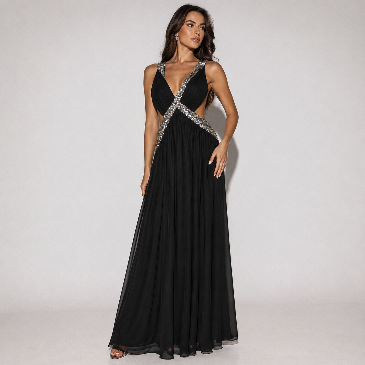 Black Maxi Halter Dress Silver Sequin Straps | Pre-Loved | Why Go Less