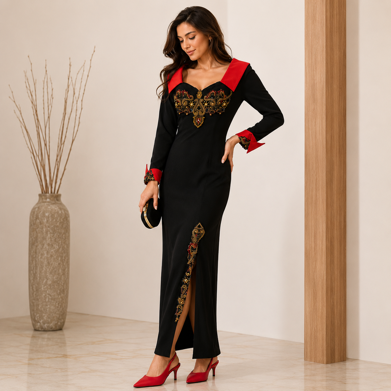 Abed Mahfouz Black Red Embellished Long Kaftan | Pre-Loved | Why Go Less-1