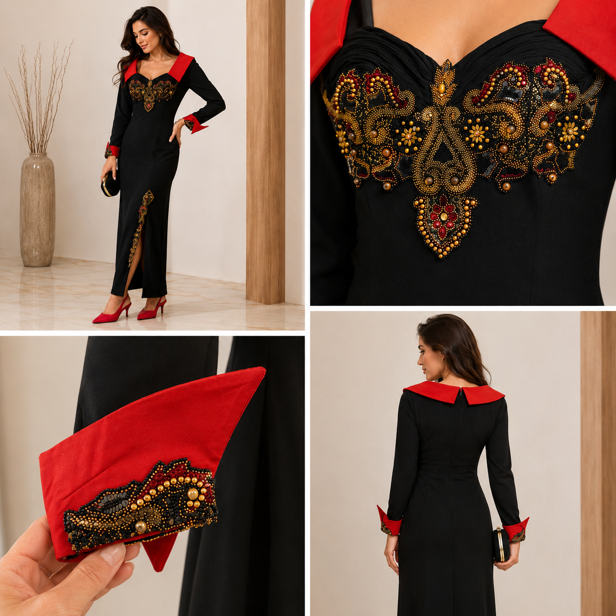 Abed Mahfouz Black Red Embellished Long Kaftan | Pre-Loved | Why Go Less