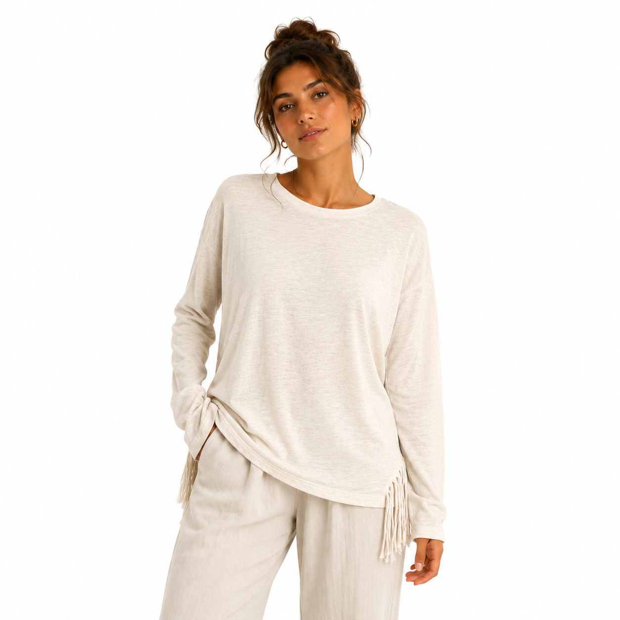 Petite Cream Fringe-Hem Relaxed Tee Size S | Pre-Loved | Why Go Less-1