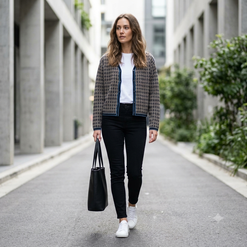 Ellements Navy and Tan Diamond Knit Cardigan | Pre-Loved | Why Go Less