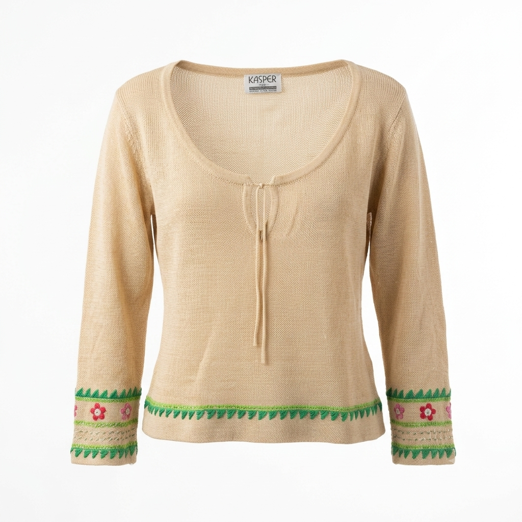 Kasper Beige Knit Top With Floral Trim | Pre-Loved | Why Go Less-1