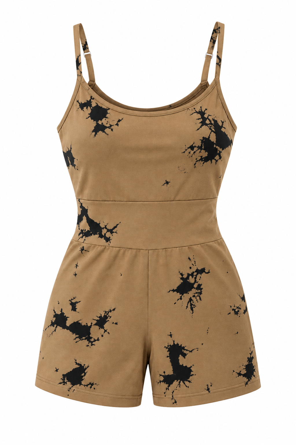 Tan Black Splash Print Spaghetti Strap Workout Romper | Pre-Loved | Why Go Less
