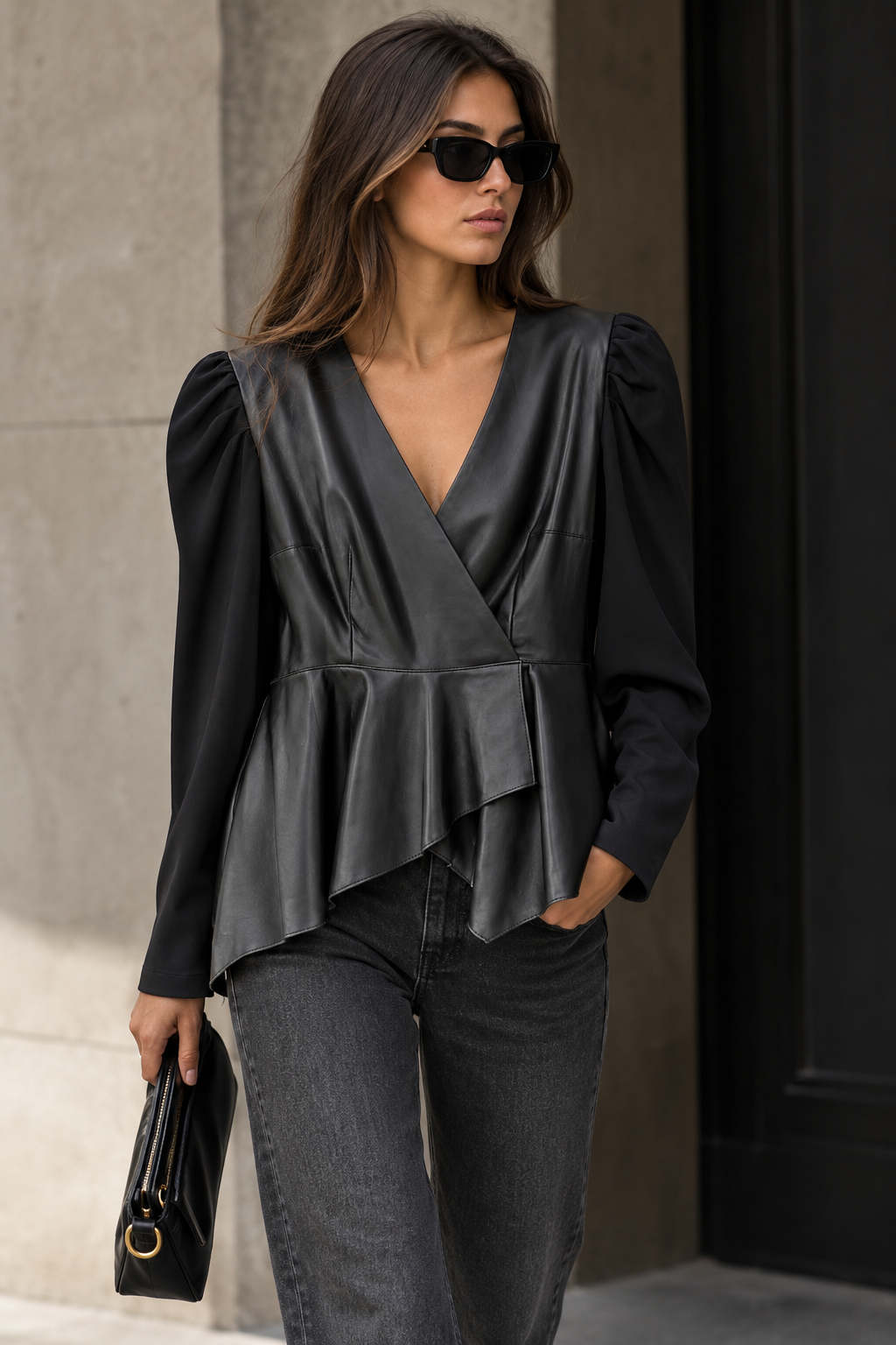 Black Faux Leather Wrap Peplum Top | Pre-Loved | Why Go Less
