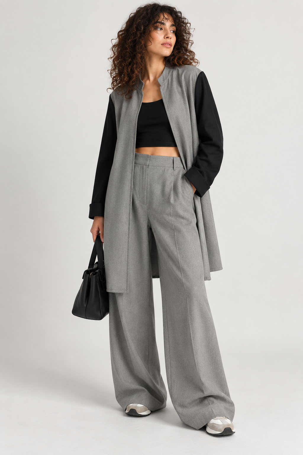 Grey Long Cardigan Coat with Leather Sleeves | Pre-Loved | Why Go Less-1