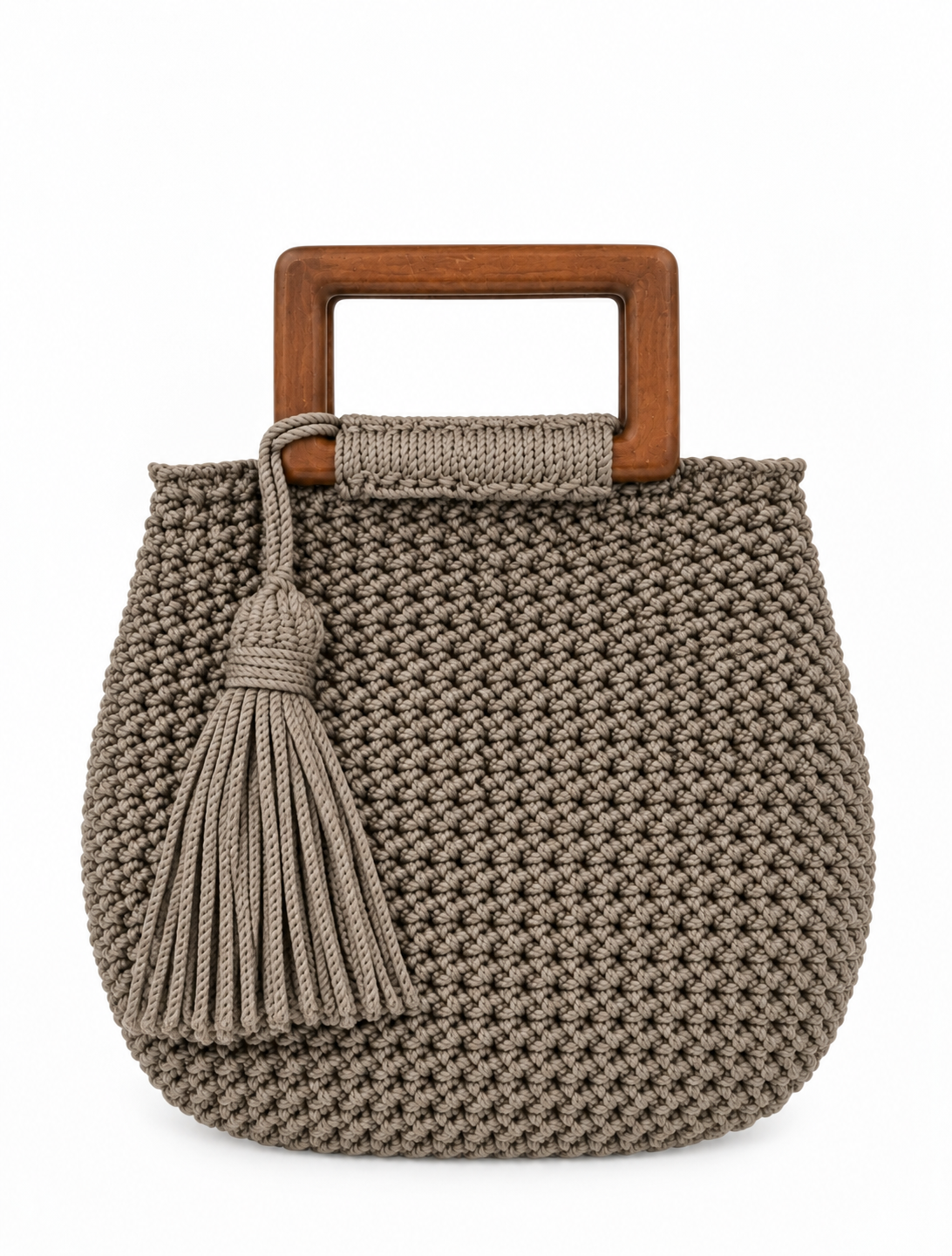 Handmade Crochet Handbag, Taupe/grey, Wooden Handle, Tassel | Pre-Loved | Why Go Less