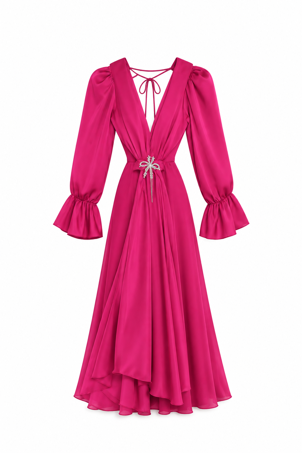 Fuchsia Satin Deep-V Puff Sleeve Maxi Dress | Pre-Loved | Why Go Less