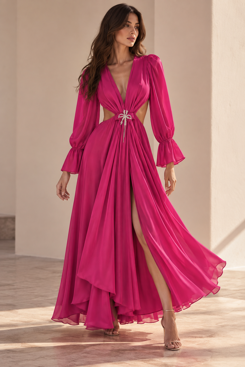 Fuchsia Satin Deep-V Puff Sleeve Maxi Dress | Pre-Loved | Why Go Less