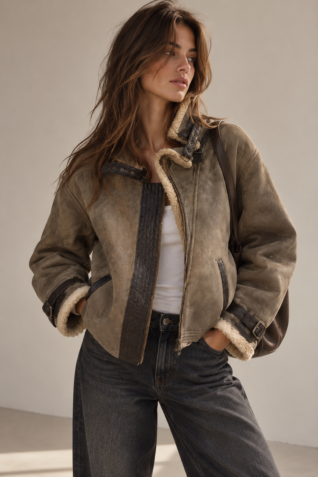 Blouson aviateur en daim camel avec col en peau de mouton retournée | Seconde main | Pourquoi se contenter de moins-2