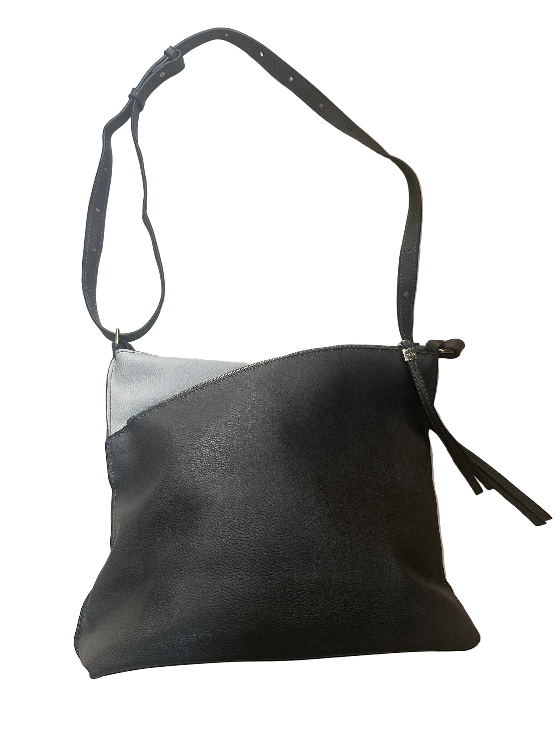 Sac à bandoulière en cuir noir et argenté avec détails zippés | Seconde main | Pourquoi se contenter de moins
