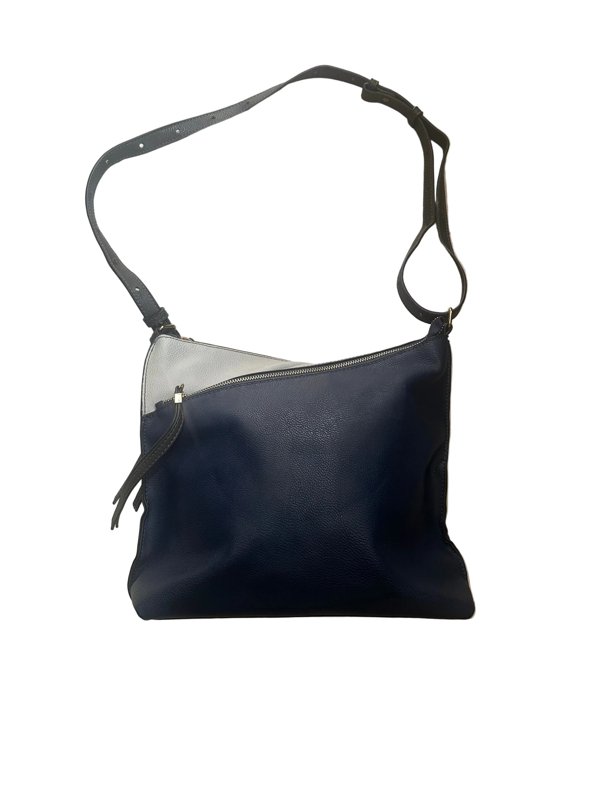 Sac à bandoulière en cuir noir et argenté avec détails zippés | Seconde main | Pourquoi se contenter de moins
