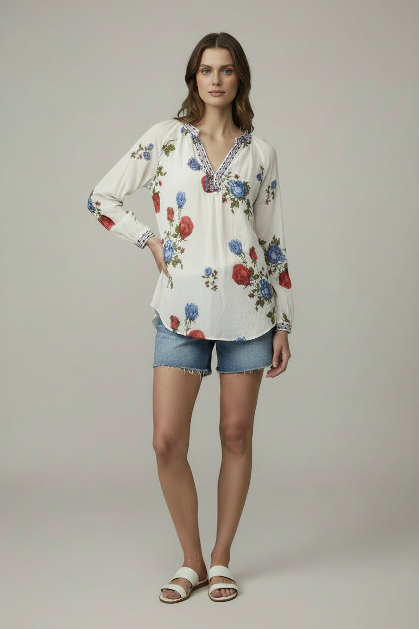 Floral Boho Long-Sleeve Blouse with Roses | Pre-Loved | Why Go Less-1