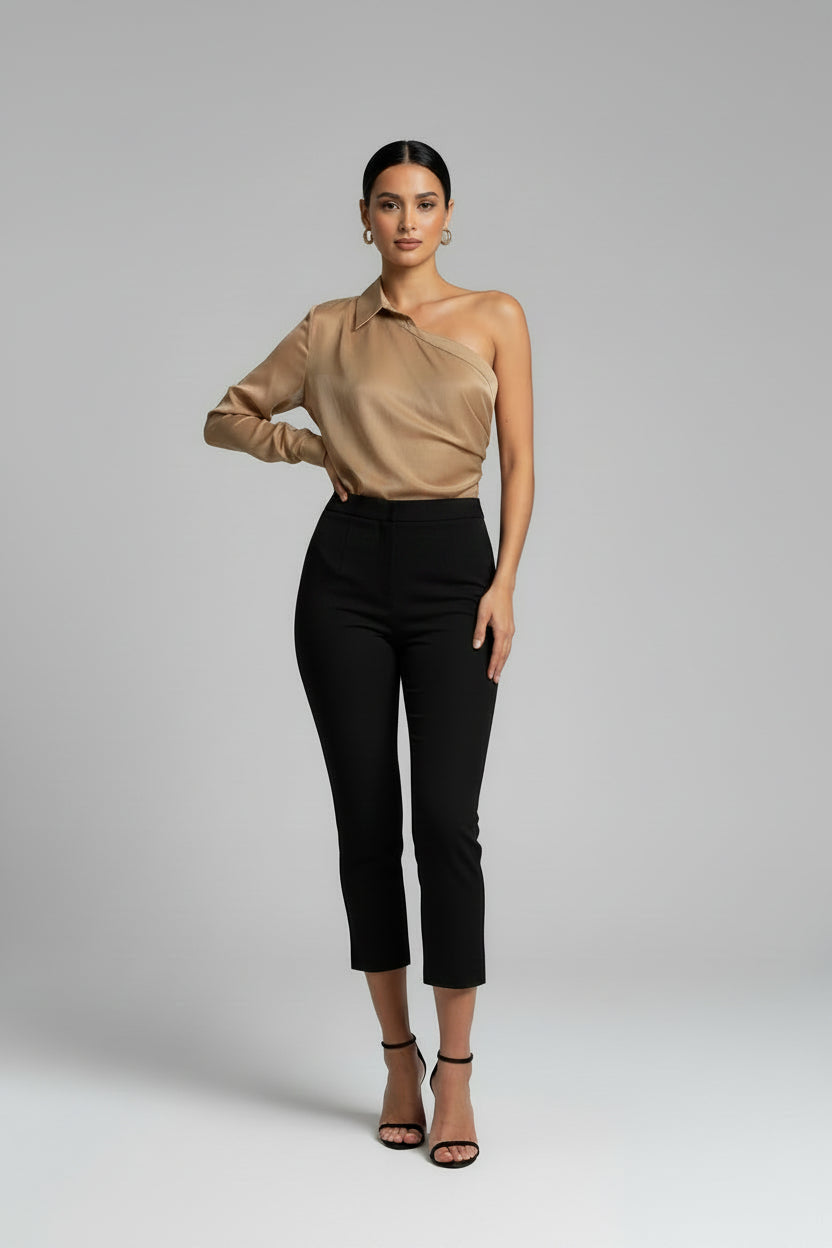 Camel Sheer Satin Asymmetric Draped Top or Skirt | Pre-Loved | Why Go Less