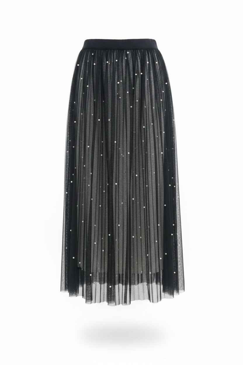 Black Tulle Pleated Midi Skirt with Pearls | Pre-Loved | Why Go Less
