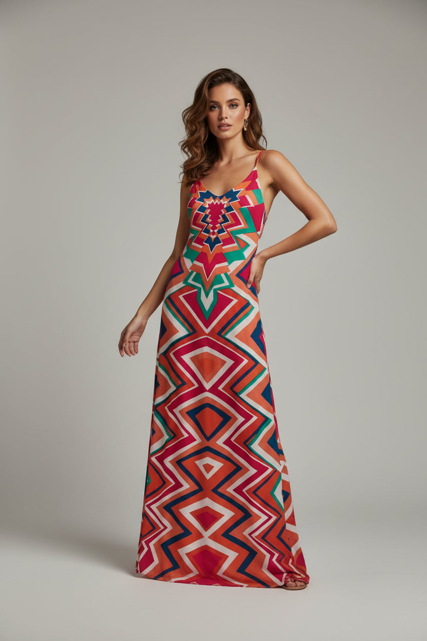 Multicolor Geometric Print Maxi Dress | Pre-Loved | Why Go Less