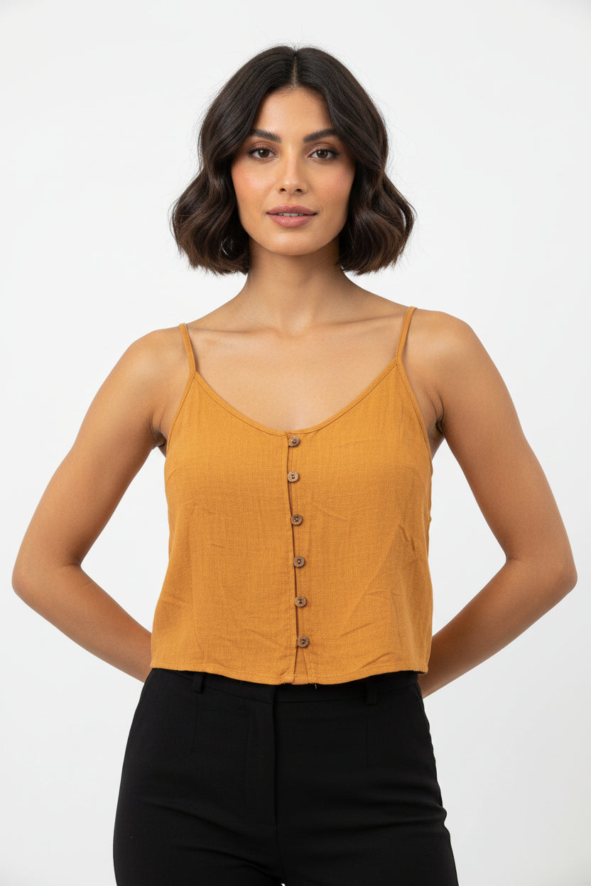 HYFVE Orange Linen Button-Front Crop Cami Top | Pre-Loved | Why Go Less