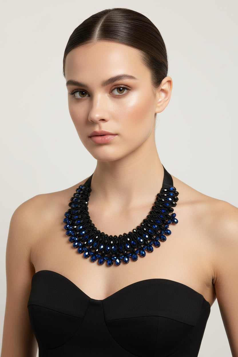 Black and Blue Crystal Beaded Statement Necklace | Pre-Loved | Why Go Less-2