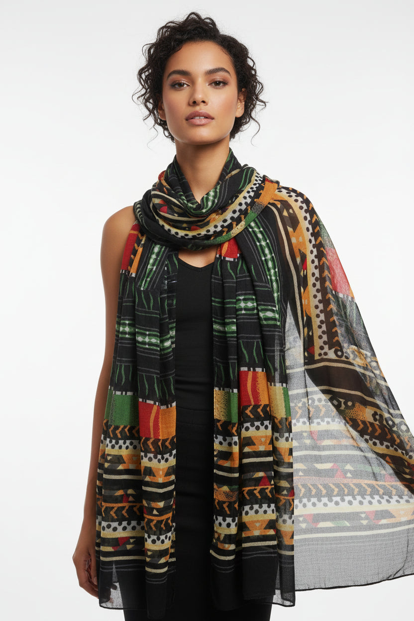 Tribal Print Black Sheer Long Scarf Wrap | Pre-Loved | Why Go Less-1