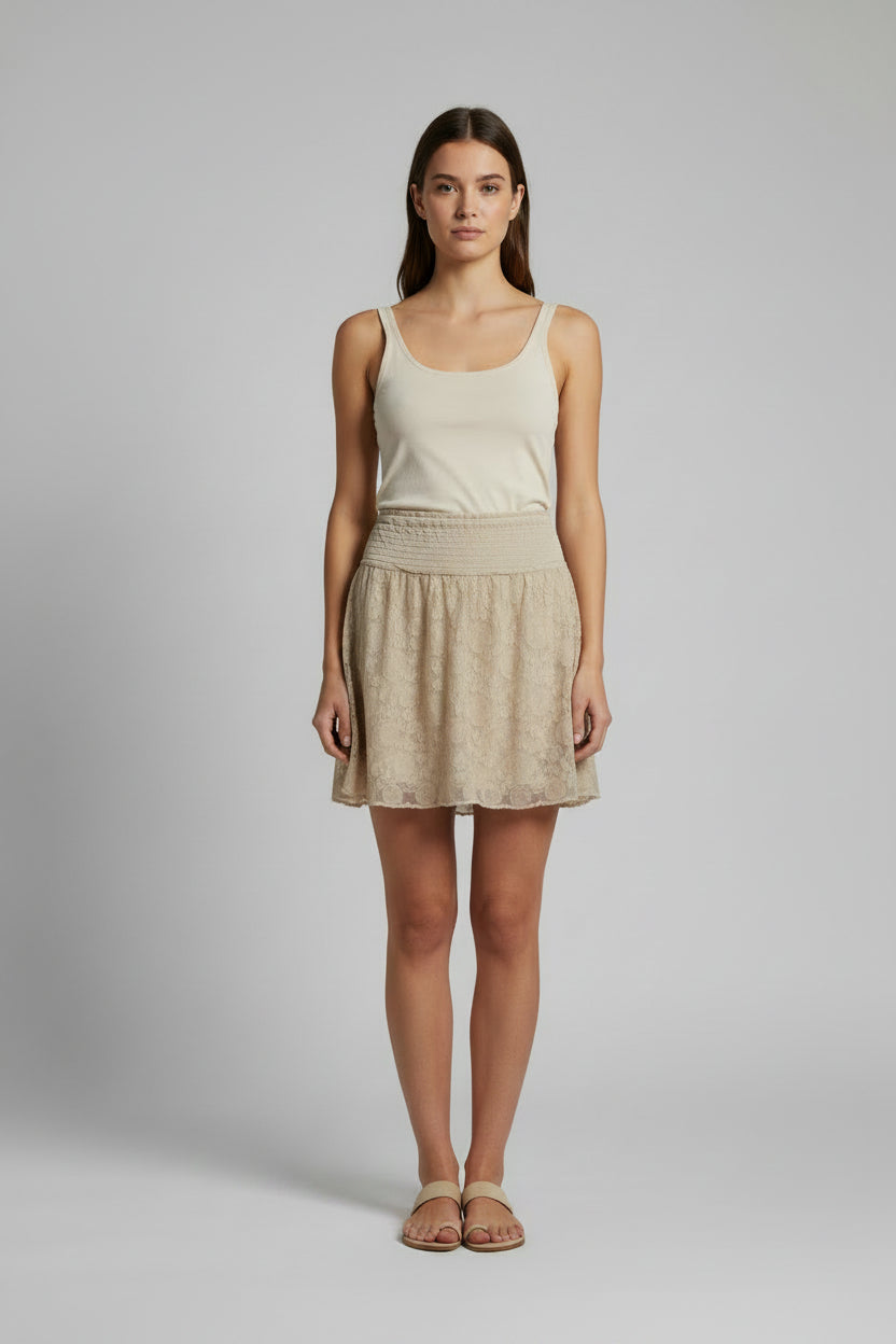 Beige Lace Mini Skirt with Smocked Waistband | Pre-Loved | Why Go Less-1