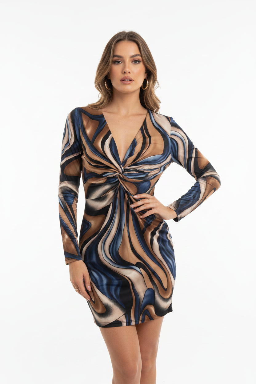 Abstract Swirl Print Satin Twist-Front Mini Dress | Pre-Loved | Why Go Less
