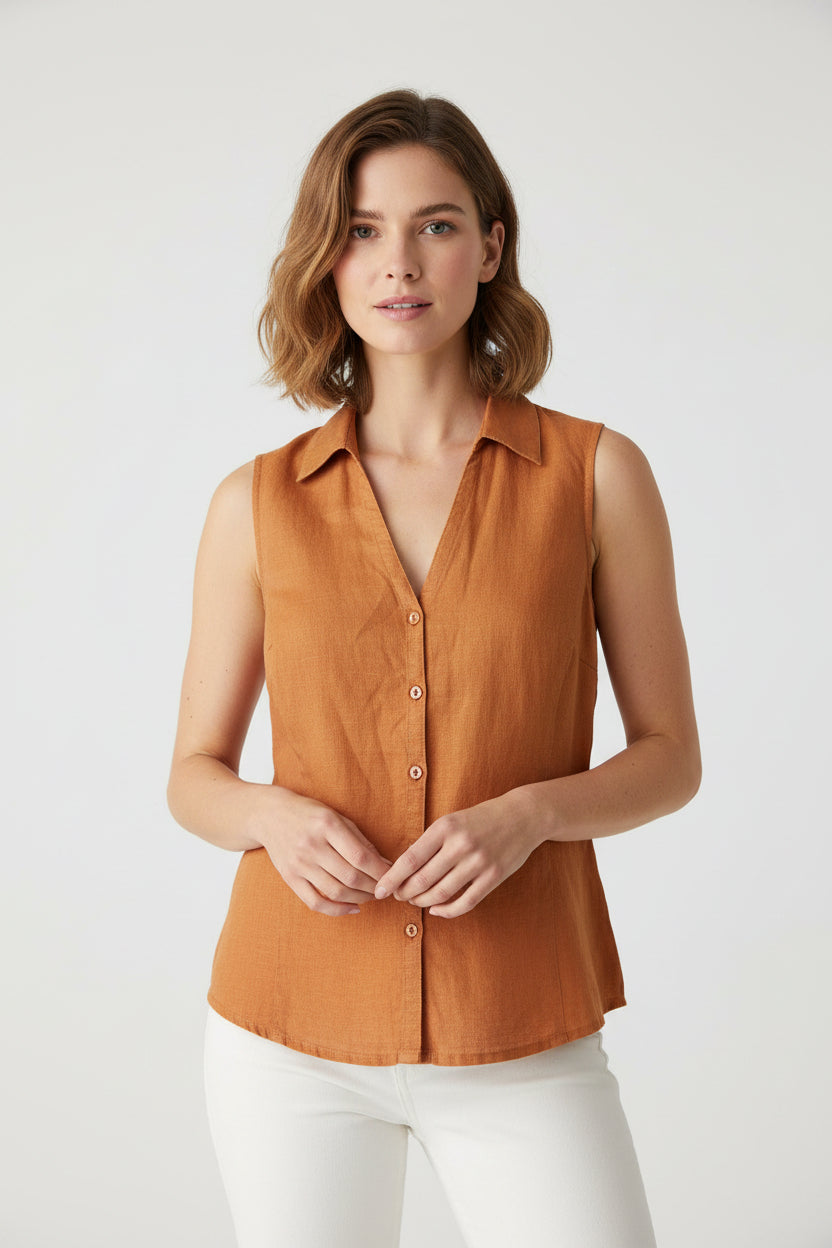 Andamio Orange Sleeveless Linen Shirt | Pre-Loved | Why Go Less