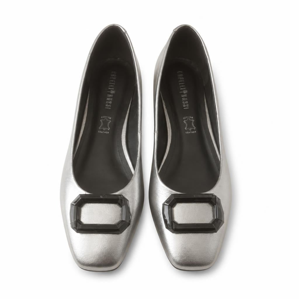 Capelli Rossi silver leather square-toe buckle heels - second-hand at Why Go Less, Dekwaneh, Lebanon