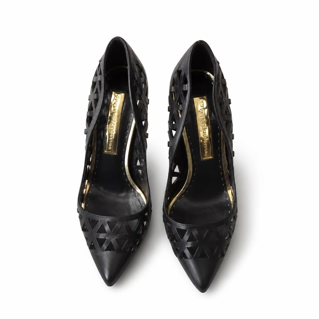 Roberta Sanderson laser-cut pointed-toe heels, gold interior - second-hand at Why Go Less, Dekwaneh, Lebanon