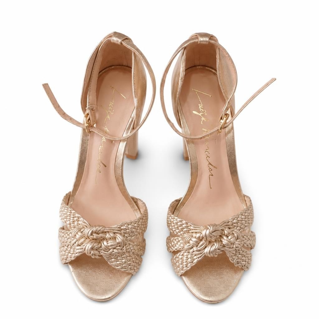 Gold ankle-strap open-toe heels with bow detail - second-hand at Why Go Less, Dekwaneh, Lebanon