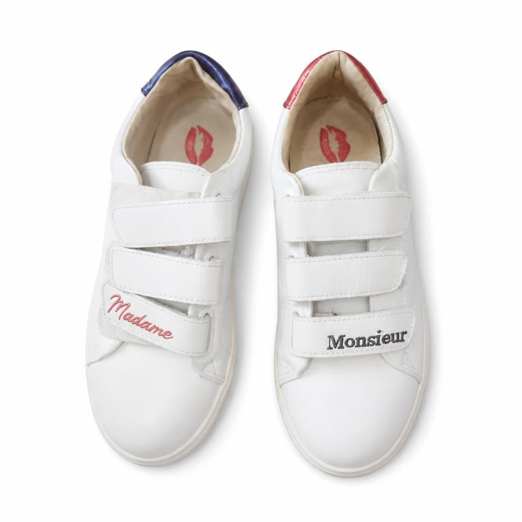 Madame Monsieur white velcro sneakers, mismatched tabs - second-hand at Why Go Less, Dekwaneh, Lebanon