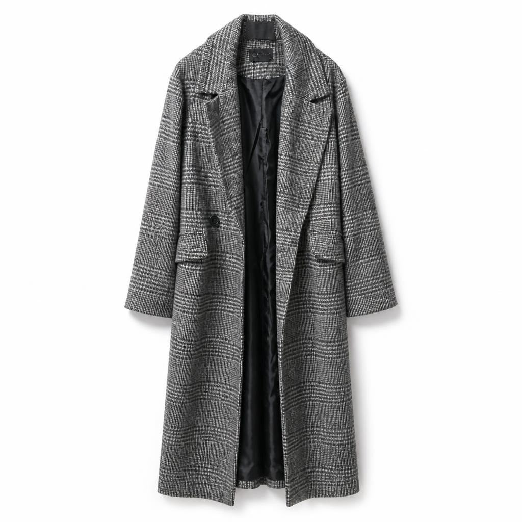 Grey plaid wool-blend long overcoat, new with tags - second-hand at Why Go Less, Dekwaneh, Lebanon