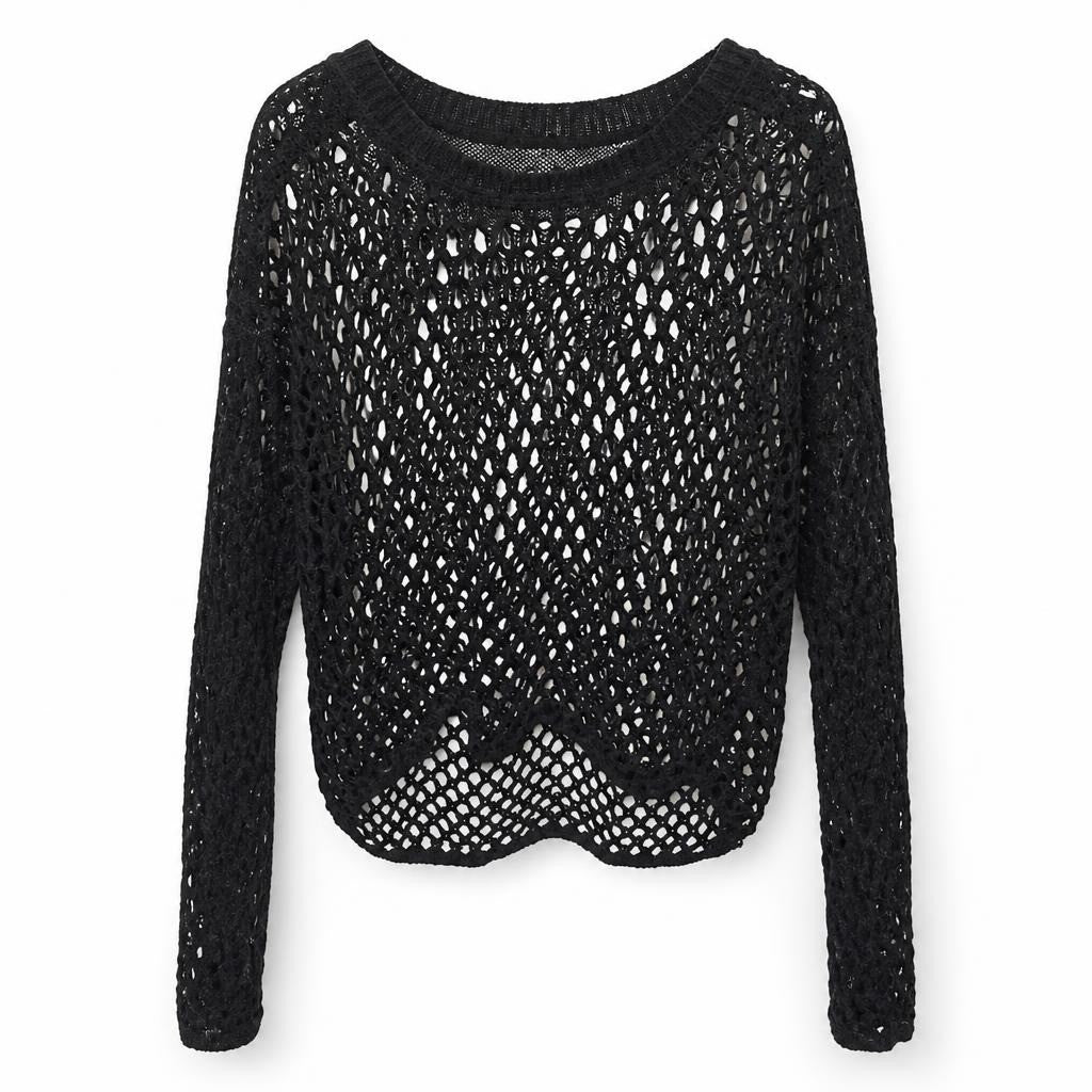 Black open-knit crochet mesh long-sleeve top - second-hand at Why Go Less, Dekwaneh, Lebanon