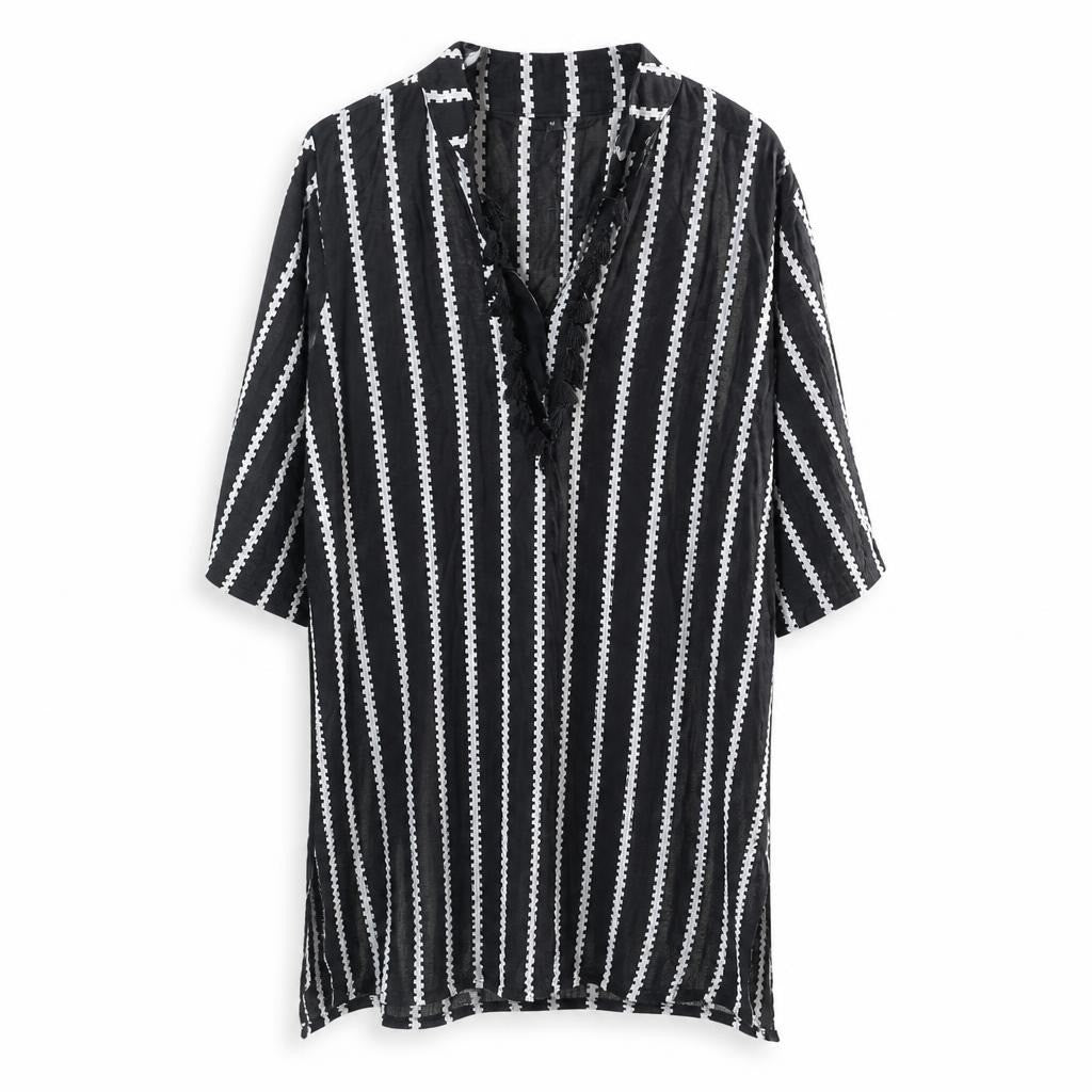 Black white stripe fringe tassel kaftan cover-up - second-hand at Why Go Less, Dekwaneh, Lebanon