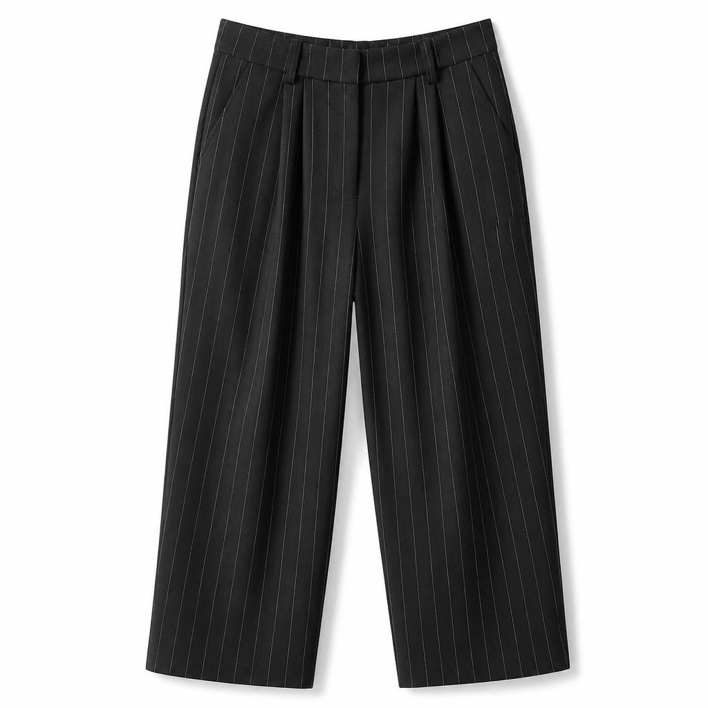 Black pinstripe wide-leg trousers, pleated front - second-hand at Why Go Less, Dekwaneh, Lebanon